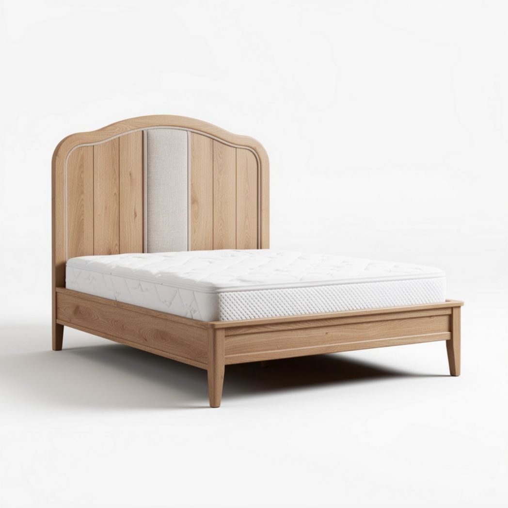 Letto matrimoniale in legno naturale con testiera in tessuto 200 x 160 x 120cm