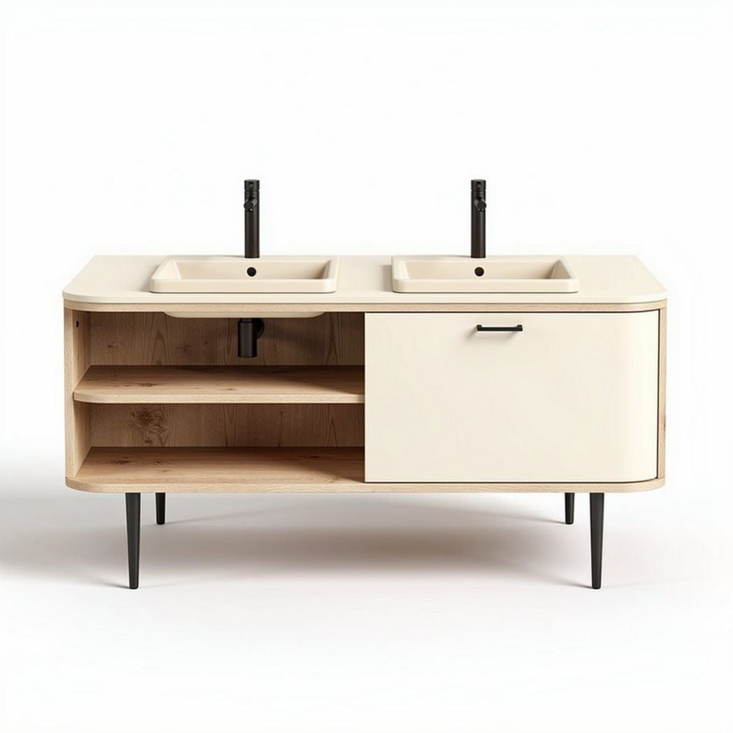 Mobiletto da bagno bianco e legno con doppi lavandini 120 x 50 x 80cm