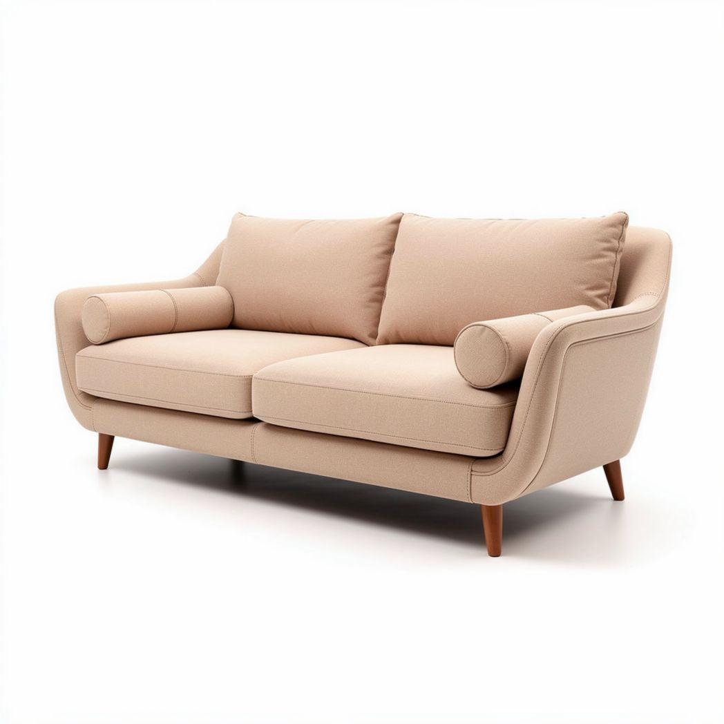 Divano moderno in tessuto beige con braccioli circolari e gambe in legno 200 x 90 x 85cm