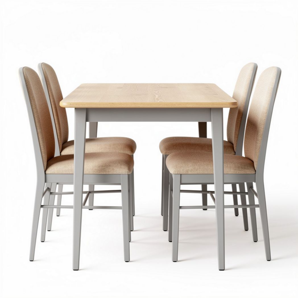 Tavolo da pranzo in legno con struttura in metallo e sei sedie in tessuto beige 150 x 90 x 75cm