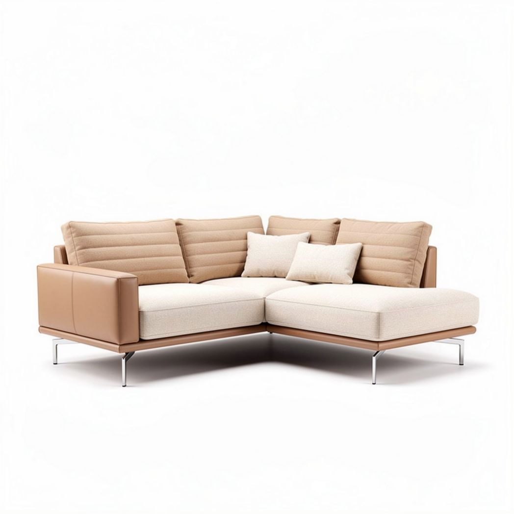 Divano angolare in tessuto beige e pelle marrone 200 x 180 x 80cm