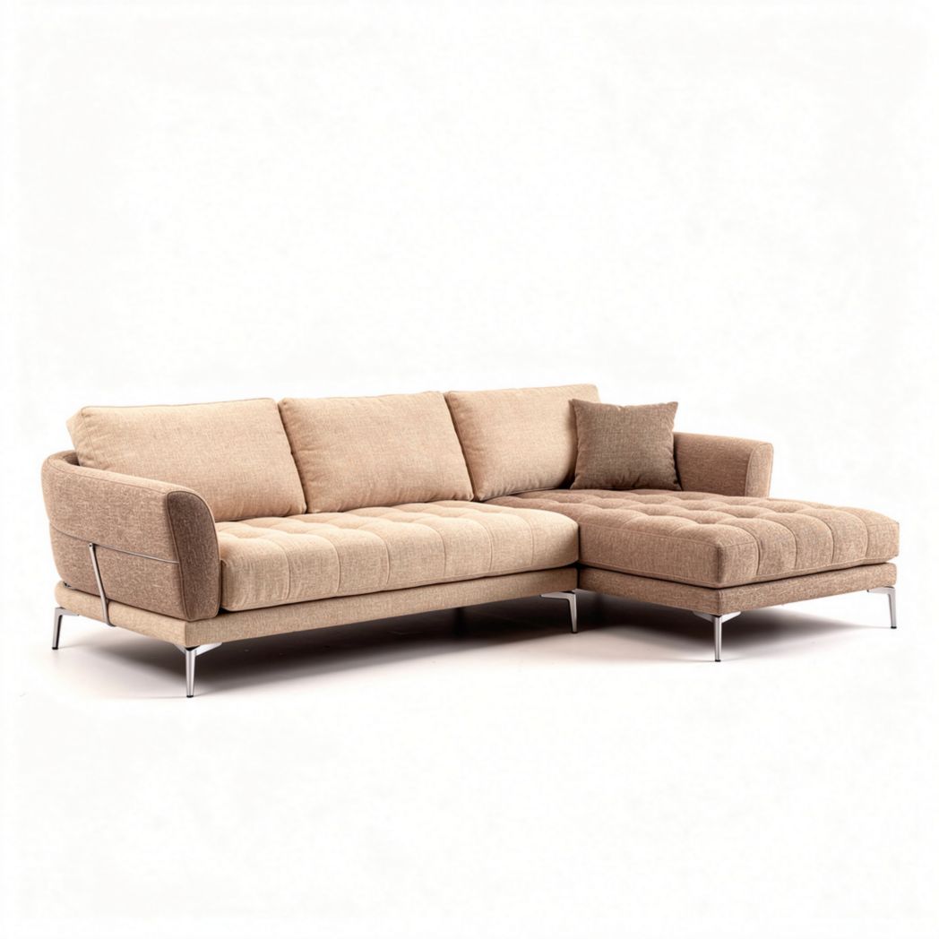 Divano angolare in tessuto beige con elementi in metallo 230 x 90 x 85cm