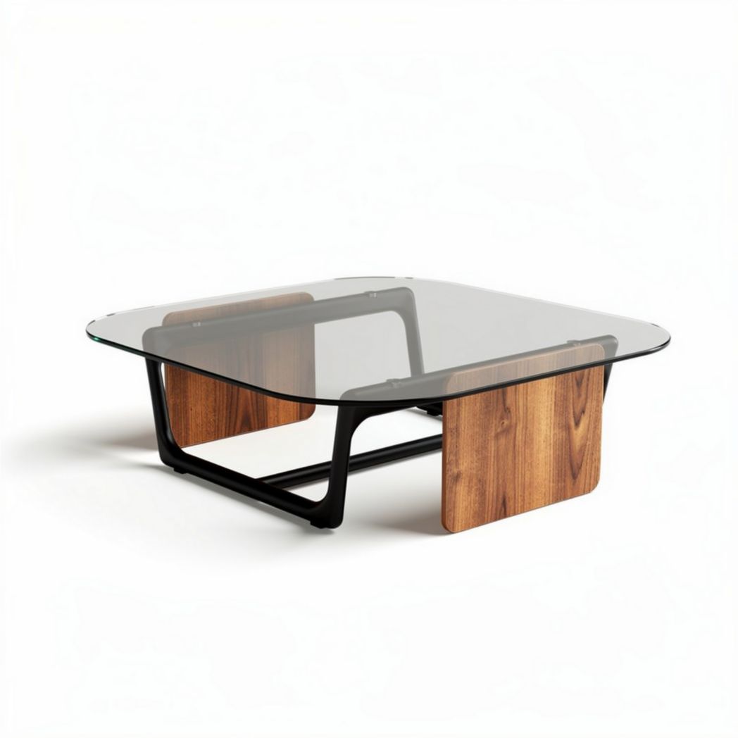 Tavolino da caffè quadrato in vetro e legno dimensioni 90 x 90 x 35cm