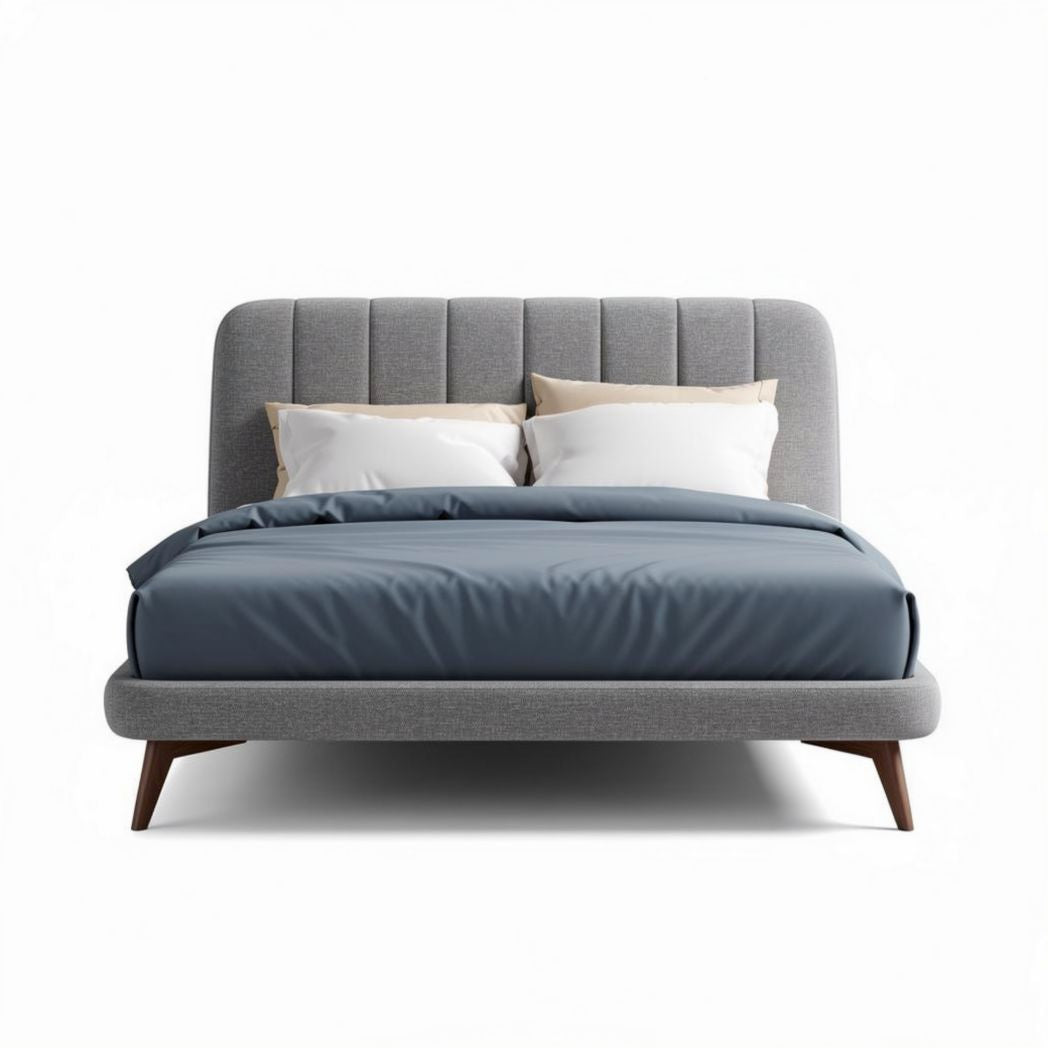 Letto matrimoniale grigio con testata imbottita e struttura in legno 200 x 160 x 100cm